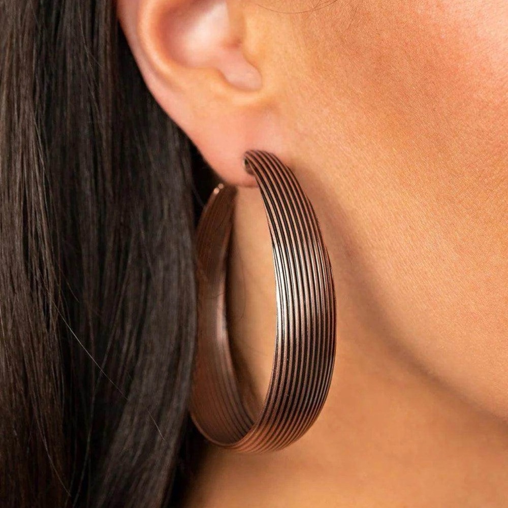 Copper Ribbed Metal Hoop Earrings